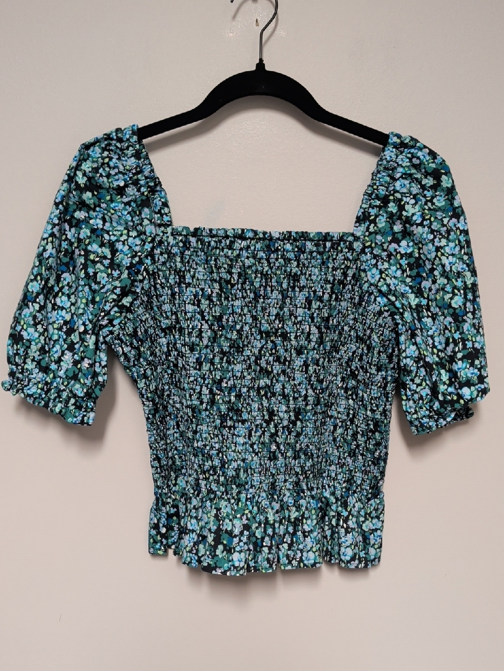 J. Crew Smocked Square-Neck Floral Top in Teal and Black